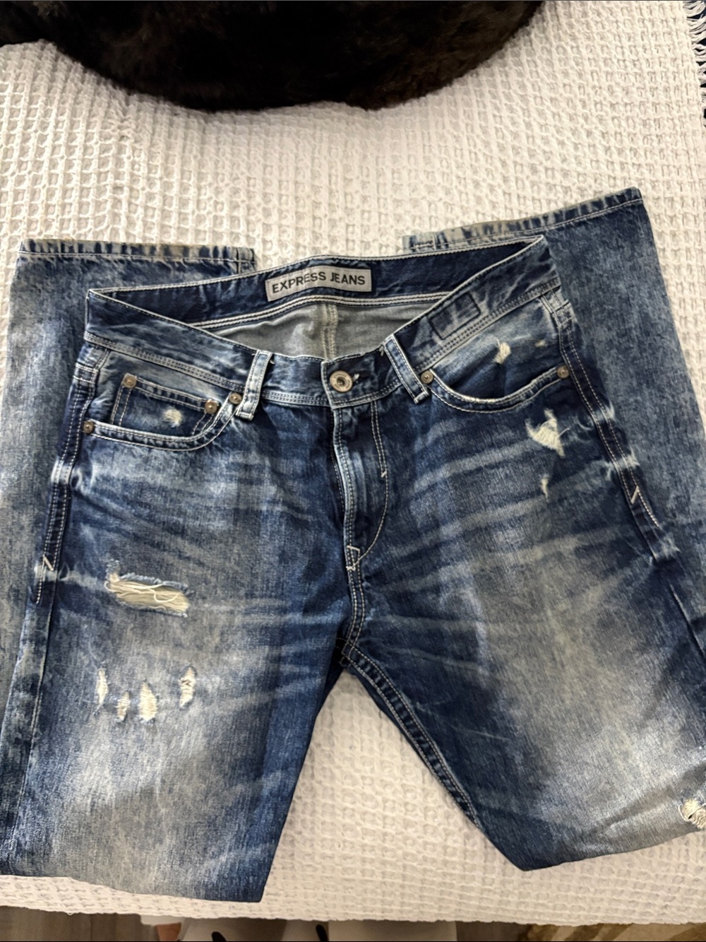 Express Men’s Slim Straight Faded Blue Distressed Jeans
